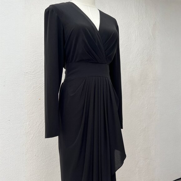 Vintage 80s Rimini Long Sleeve V-Neck Draped Tea Length Midi Black Dress Size 6 - Picture 8 of 14